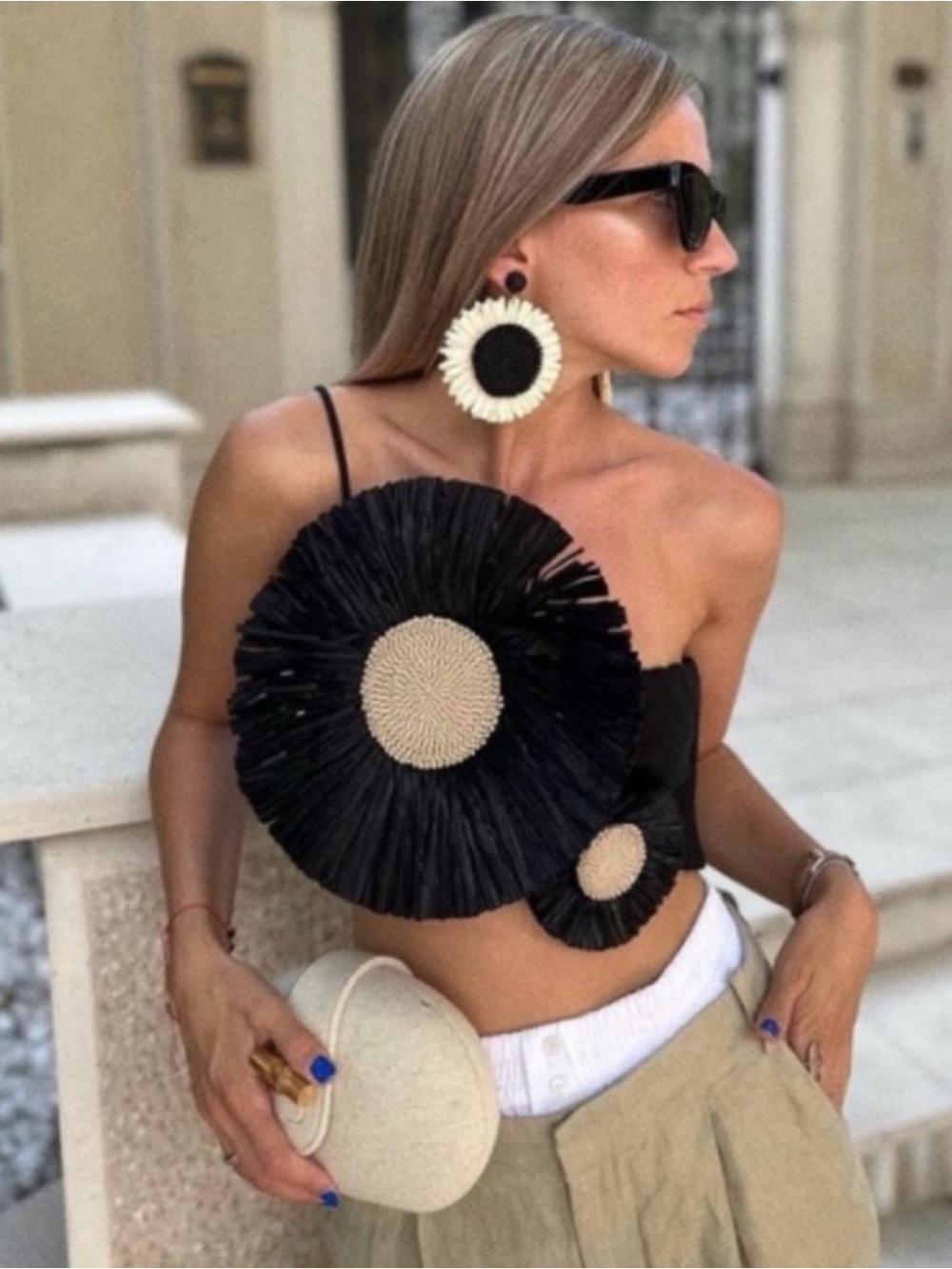Zara Black Raffia Circle Appliqué Crop Top